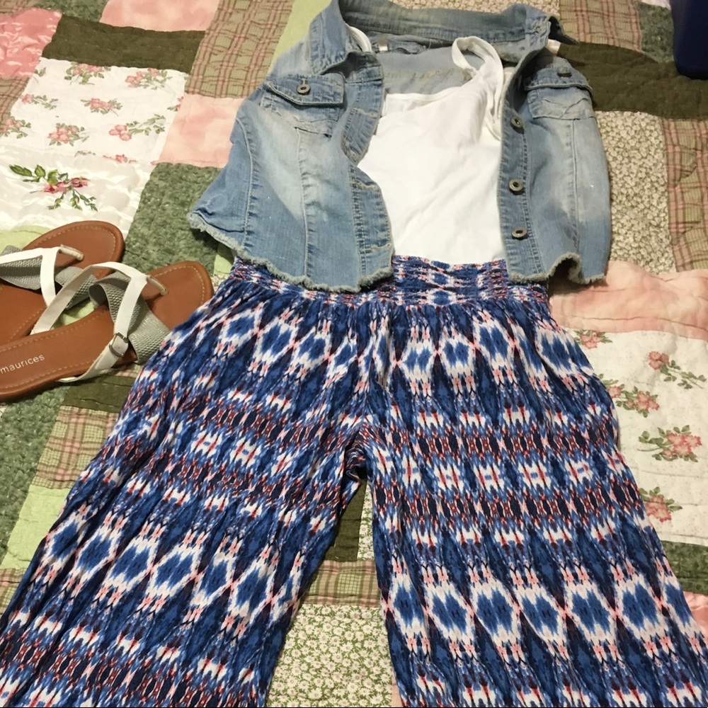 Multi colored elastic waist wide leg pants